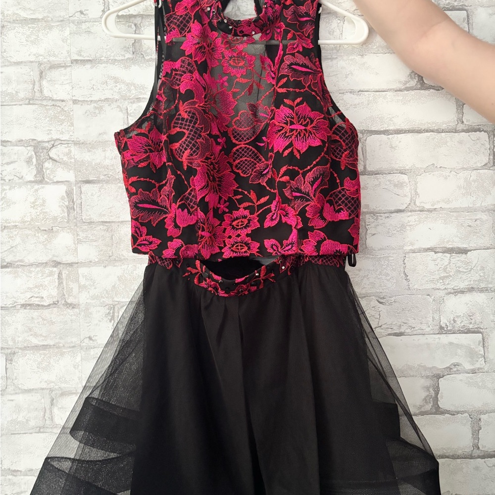 Jodi Kristopher Black Dress with Vibrant Pink Embroidery